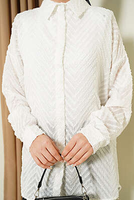 Zikzak Püsküllü Salaş Gömlek Ekru - Gömlek