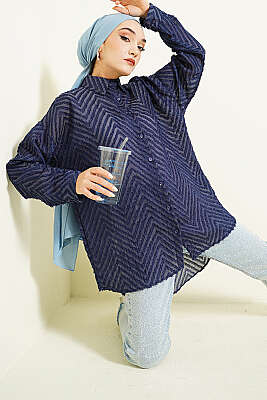 Zikzak Püsküllü Salaş Gömlek Lacivert - NEVA MODA