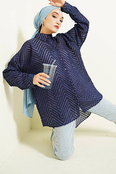 Zikzak Püsküllü Salaş Gömlek Lacivert - Gömlek