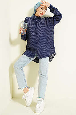 Zikzak Püsküllü Salaş Gömlek Lacivert - Gömlek