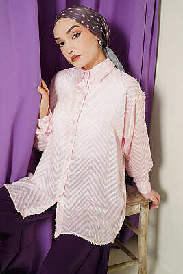 Zikzak Püsküllü Salaş Gömlek Pudra - NEVA MODA