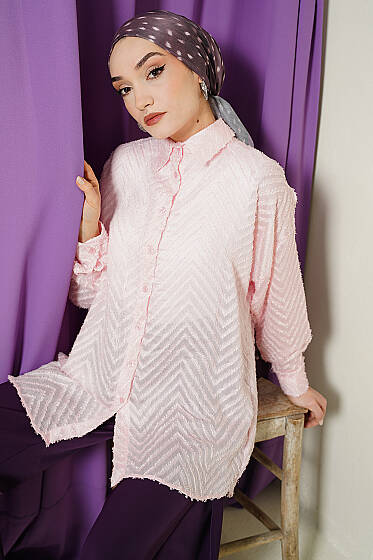 Zikzak Püsküllü Salaş Gömlek Pudra - Gömlek