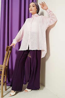 Zikzak Püsküllü Salaş Gömlek Pudra - Gömlek