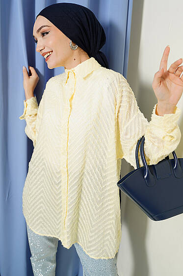 Zikzak Püsküllü Salaş Gömlek Sarı - Gömlek