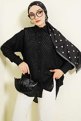 Zikzak Püsküllü Salaş Gömlek Siyah 