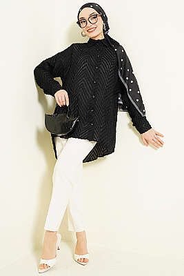 Zikzak Püsküllü Salaş Gömlek Siyah - Gömlek