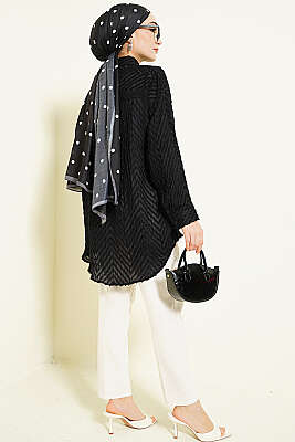 Zikzak Püsküllü Salaş Gömlek Siyah - Gömlek