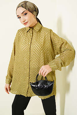 Zikzak Püsküllü Salaş Gömlek Yağ Yeşili - NEVA MODA