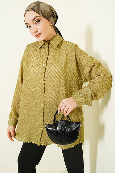 Zikzak Püsküllü Salaş Gömlek Yağ Yeşili - Gömlek