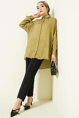 Zikzak Püsküllü Salaş Gömlek Yağ Yeşili - Gömlek