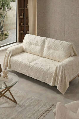 Zikzak Saçaklı Koltuk Örtüsü Bej 