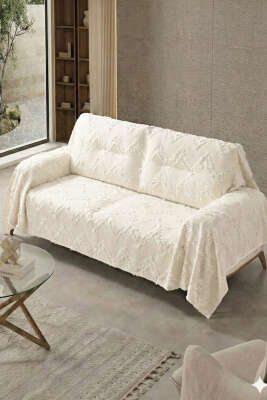 Zikzak Saçaklı Koltuk Örtüsü Ekru 