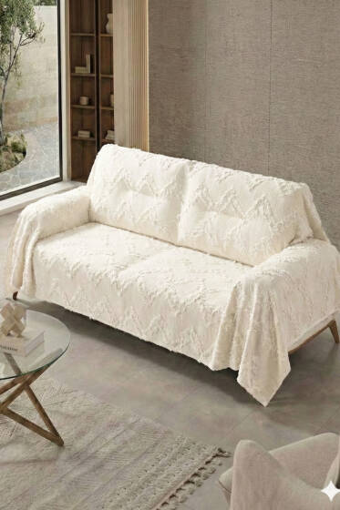 Zikzak Saçaklı Koltuk Örtüsü Ekru - Koltuk Örtüsü