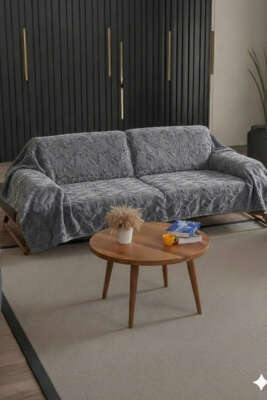 Zikzak Saçaklı Koltuk Örtüsü Gri 