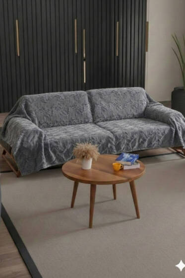 Zikzak Saçaklı Koltuk Örtüsü Gri - Koltuk Örtüsü