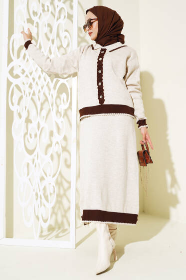 Zikzaklı Gömlek Yaka Etekli Triko Takım Bej - İkili Takım