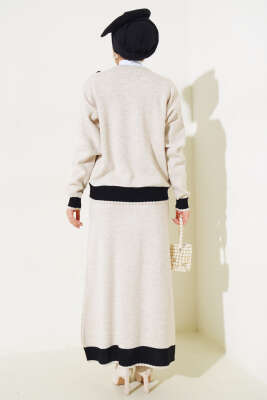 Zikzaklı Gömlek Yaka Etekli Triko Takım Bej Siyah - Triko İkili Takım