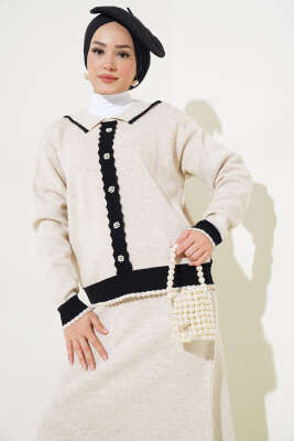 Zikzaklı Gömlek Yaka Etekli Triko Takım Bej Siyah - Triko İkili Takım