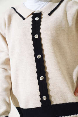 Zikzaklı Gömlek Yaka Etekli Triko Takım Bej Siyah - Triko İkili Takım