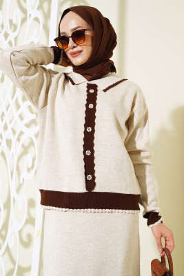 Zikzaklı Gömlek Yaka Etekli Triko Takım Bej - Triko İkili Takım