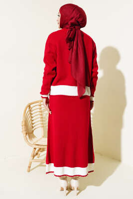 Zikzaklı Gömlek Yaka Etekli Triko Takım Kırmızı - Triko İkili Takım