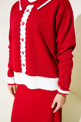 Zikzaklı Gömlek Yaka Etekli Triko Takım Kırmızı - Triko İkili Takım