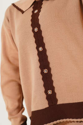 Zikzaklı Gömlek Yaka Etekli Triko Takım Latte - Triko İkili Takım