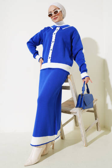 Zikzaklı Gömlek Yaka Etekli Triko Takım Saks - İkili Takım