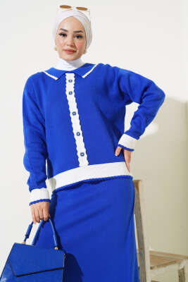 Zikzaklı Gömlek Yaka Etekli Triko Takım Saks - Triko İkili Takım