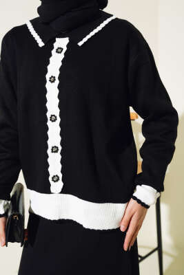 Zikzaklı Gömlek Yaka Etekli Triko Takım Siyah - Triko İkili Takım