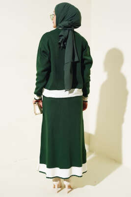 Zikzaklı Gömlek Yaka Etekli Triko Takım Zümrüt - Triko İkili Takım