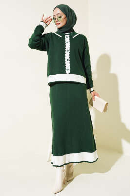 Zikzaklı Gömlek Yaka Etekli Triko Takım Zümrüt - Triko İkili Takım