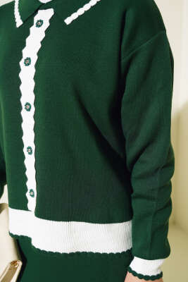 Zikzaklı Gömlek Yaka Etekli Triko Takım Zümrüt - Triko İkili Takım