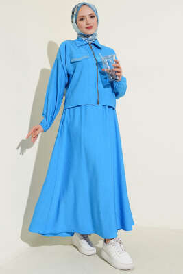 Zımba Cep Kapaklı Etekli İkili Takım Mavi - NEVA MODA