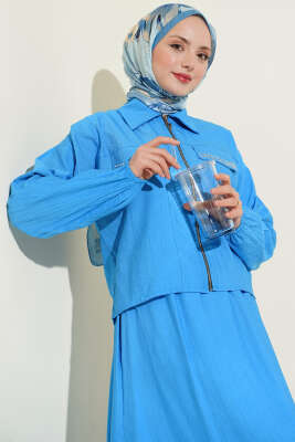 Zımba Cep Kapaklı Etekli İkili Takım Mavi - Bayram Kombinleri