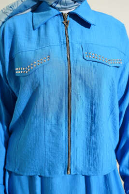 Zımba Cep Kapaklı Etekli İkili Takım Mavi - Bayram Kombinleri