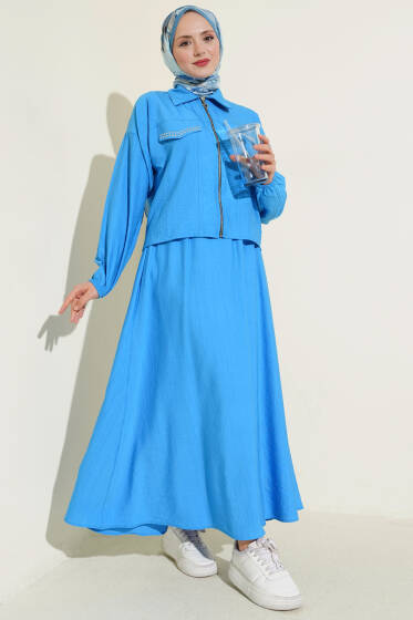 Zımba Cep Kapaklı Etekli İkili Takım Mavi - İkili Takım