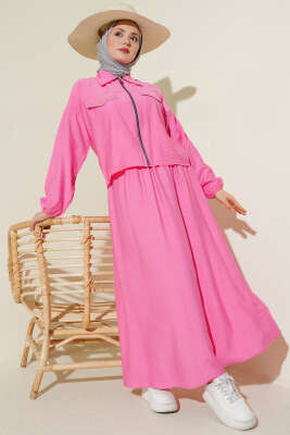 Zımba Cep Kapaklı Etekli İkili Takım Pembe - NEVA MODA