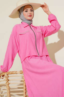 Zımba Cep Kapaklı Etekli İkili Takım Pembe - Bayram Kombinleri