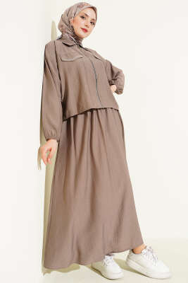 Zımba Cep Kapaklı Etekli İkili Takım Vizon - NEVA MODA