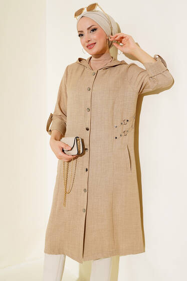 Zımba Detaylı Kapüşonlu Kap Bej - Tunik