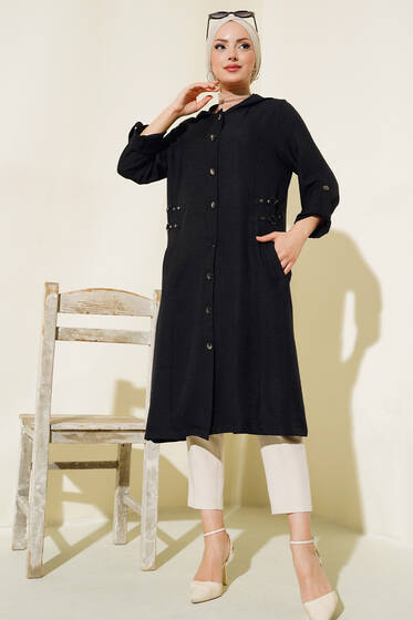 Zımba Detaylı Kapüşonlu Kap Siyah - Tunik