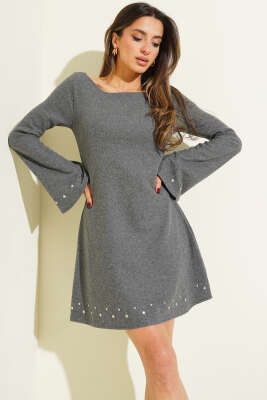 Zımba Detaylı Kaşe Mini Elbise Füme - LUSTRİN