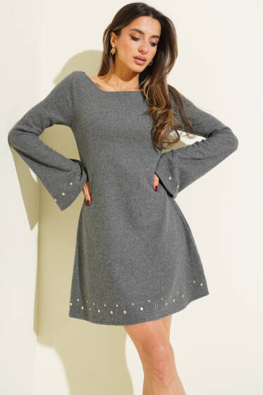 Zımba Detaylı Kaşe Mini Elbise Füme - Kadın Giyim Modelleri