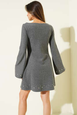 Zımba Detaylı Kaşe Mini Elbise Füme - Kadın Giyim Modelleri