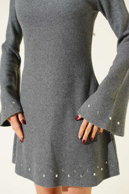 Zımba Detaylı Kaşe Mini Elbise Füme - Kadın Giyim Modelleri