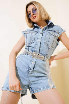 Zımba İşlemeli Kot Tulum Kar Yıkama - Kadın Giyim Modelleri