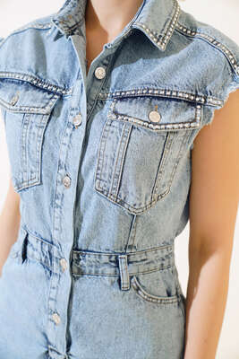 Zımba İşlemeli Kot Tulum Kar Yıkama - Kadın Giyim Modelleri