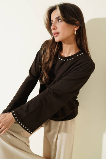 Zımba Yakalı Basic Bluz Kahve - Kadın Giyim Modelleri