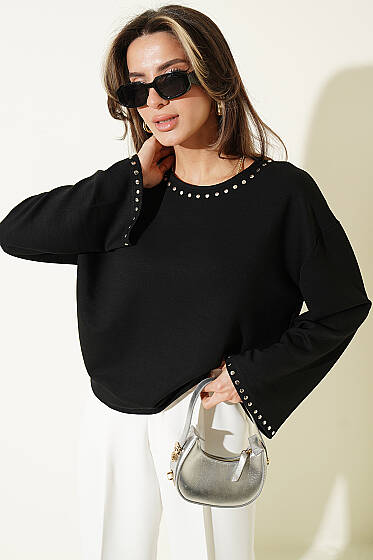 Zımba Yakalı Basic Bluz Siyah - Kadın Giyim Modelleri
